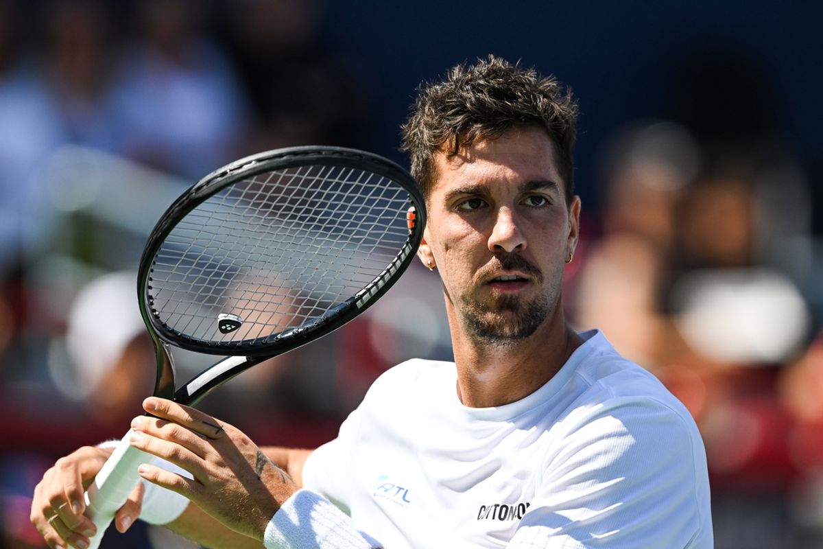 Aug 10, 2024; Montreal, Quebec, Canada; Thanasi Kokkinakis (AUS) looks on against Hubert Hurkacz (POL) (not pictured) in second round play at IGA Stadium. Mandatory Credit: David Kirouac-Imagn Images