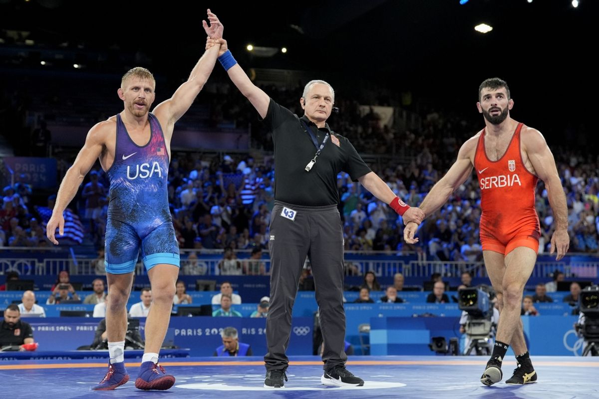 Aug 10, 2024; Paris, France; Kyle Douglas Dake (USA) and Hetik Cabolov (Serbia) during the Paris 2024 Olympic Summer Games at Champ-de-Mars Arena. Mandatory Credit: John David Mercer-USA TODAY Sports