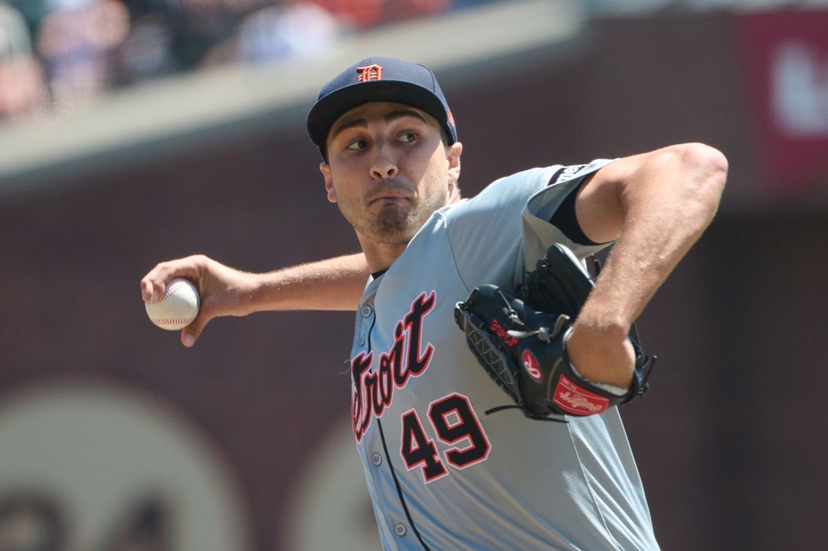Aug 10, 2024; San Francisco, California, USA; Detroit Tigers starting pitcher Alex Faedo (49) throws a pitch against the San Francisco Giants  during the first inning at Oracle Park. Mandatory Credit: Robert Edwards-Imagn Images
