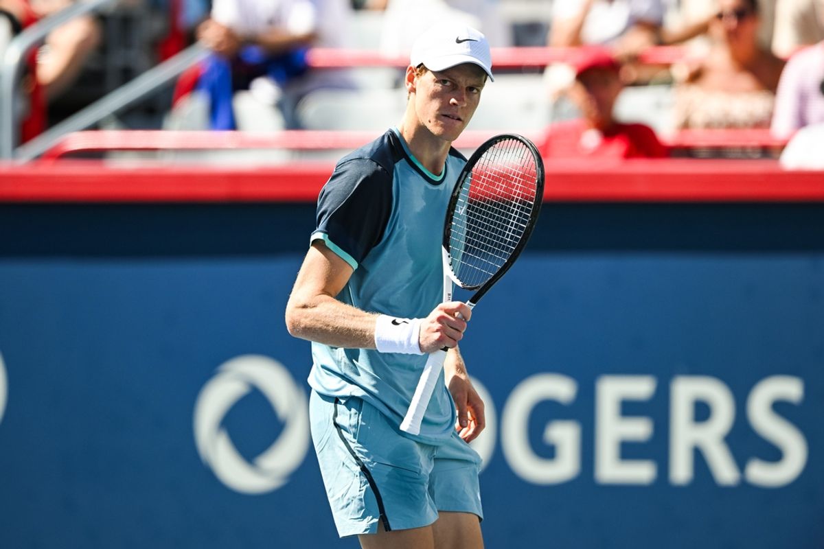 Aug 10, 2024; Montreal, Quebec, Canada; Jannik Sinner (ITA) reacts after scoring a point against Alejandro Tabilo (CHI) (not pictured) in third round play at IGA Stadium. Mandatory Credit: David Kirouac-USA TODAY Sports