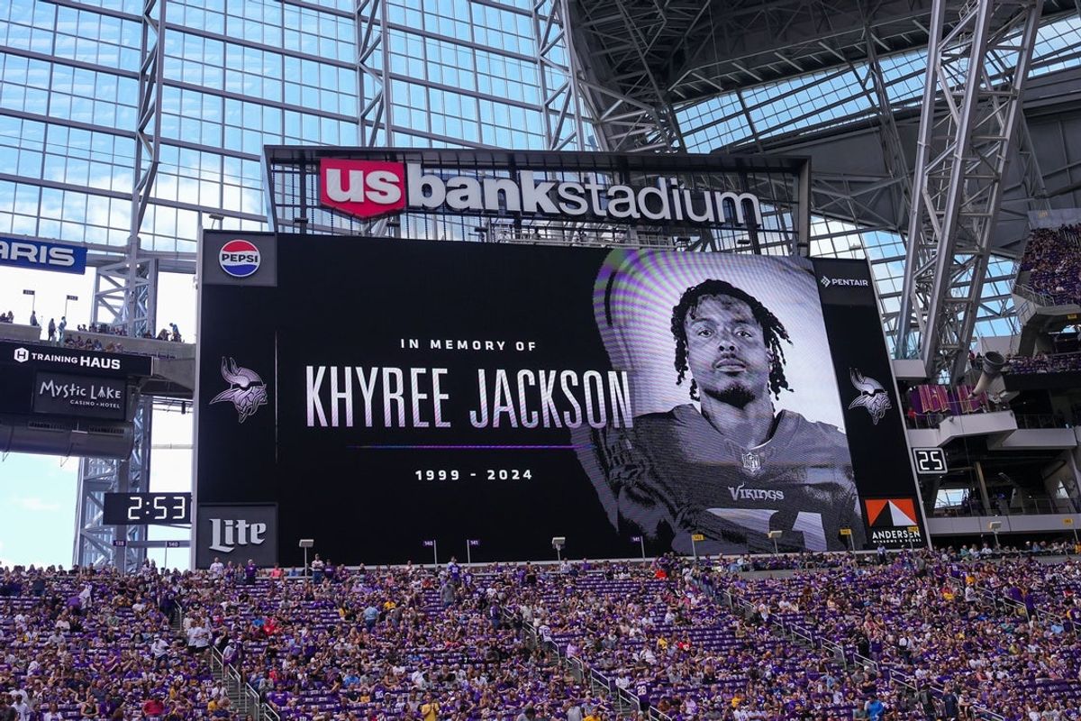 Aug 10, 2024; Minneapolis, Minnesota, USA; Minnesota Vikings have a moment of silence for Khyree Jackson before the game against the Las Vegas Raiders at U.S. Bank Stadium. Mandatory Credit: Brad Rempel-Imagn Images
