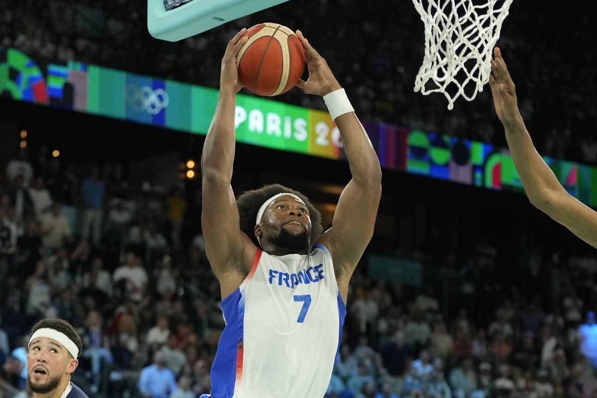 Aug 10, 2024; Paris, France; France power forward Guerschon Yabusele (7) shoots against the United States in the second half in the men's basketball gold medal game during the Paris 2024 Olympic Summer Games at Accor Arena. Mandatory Credit: Kyle Terada-USA TODAY Sports
