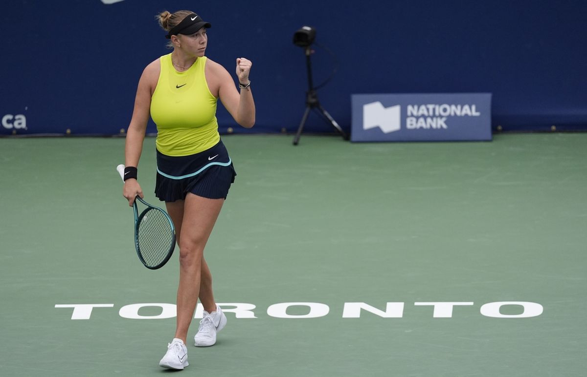Aug 10, 2024; Toronto, Ontario, Canada; Amanda Anisimova (USA) reacts after winning a point agianst Aryna Sabalenka (not pictured)  during quarter finals at Sobeys Stadium. Mandatory Credit: John E. Sokolowski-USA TODAY Sports