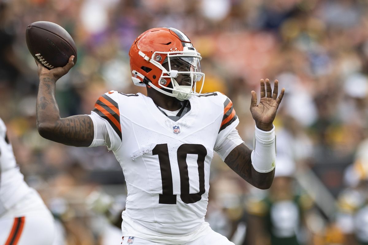 Aug 10, 2024; Cleveland, Ohio, USA; Cleveland Browns quarterback Tyler Huntley (10) throws the ball against the Green Bay Packers during the second quarter at Cleveland Browns Stadium. Mandatory Credit: Scott Galvin-USA TODAY Sports