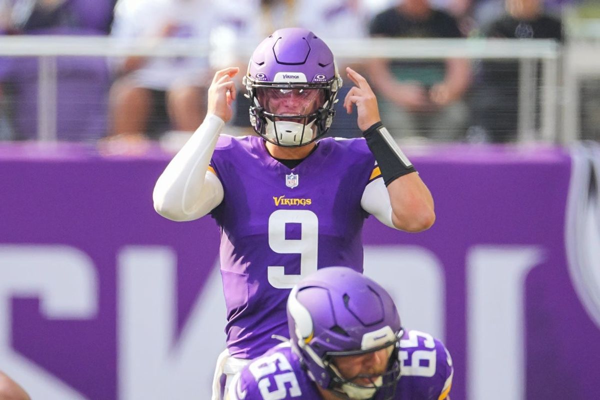 Aug 10, 2024; Minneapolis, Minnesota, USA; Minnesota Vikings quarterback J.J. McCarthy (9) under center against the Las Vegas Raiders in the third quarter at U.S. Bank Stadium. Mandatory Credit: Brad Rempel-Imagn Images