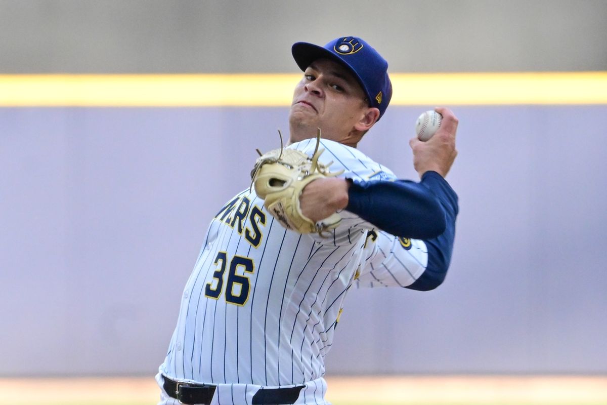 Aug 10, 2024; Milwaukee, Wisconsin, USA; Milwaukee Brewers starting pitcher Tobias Myers (36) pitches against the Cincinnati Reds in the first inning at American Family Field. Mandatory Credit: Benny Sieu-USA TODAY Sports