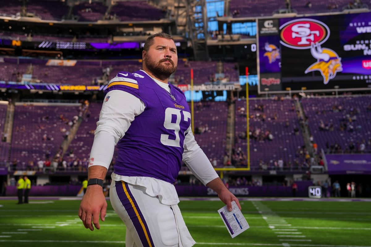 Aug 10, 2024; Minneapolis, Minnesota, USA; Minnesota Vikings defensive tackle Harrison Phillips (97) after the game against the Las Vegas Raiders at U.S. Bank Stadium. Mandatory Credit: Brad Rempel-Imagn Images