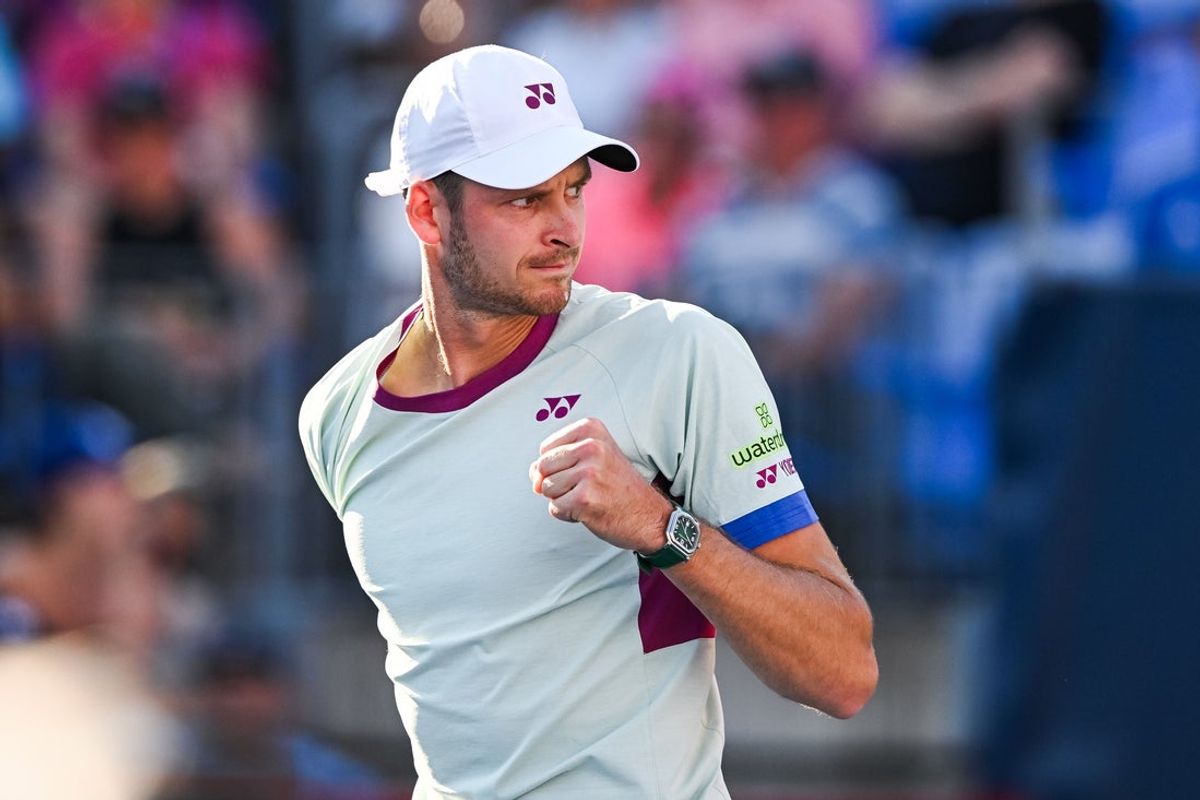 Aug 10, 2024; Montreal, Quebec, Canada; Hubert Hurkacz (POL) reacts after scoring a point against Arthur Rinderknech (FRA) (not pictured) in third round play at IGA Stadium. Mandatory Credit: David Kirouac-Imagn Images