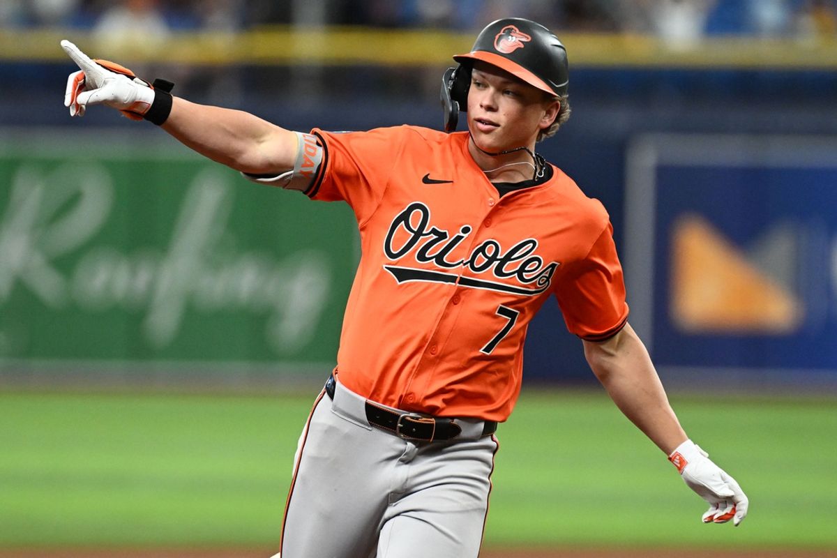 Aug 10, 2024; St. Petersburg, Florida, USA; Baltimore Orioles second baseman Jackson Holliday (7) celebrates after hitting a solo home run in the second inning against the Tampa Bay Rays at Tropicana Field. Mandatory Credit: Jonathan Dyer-USA TODAY Sports