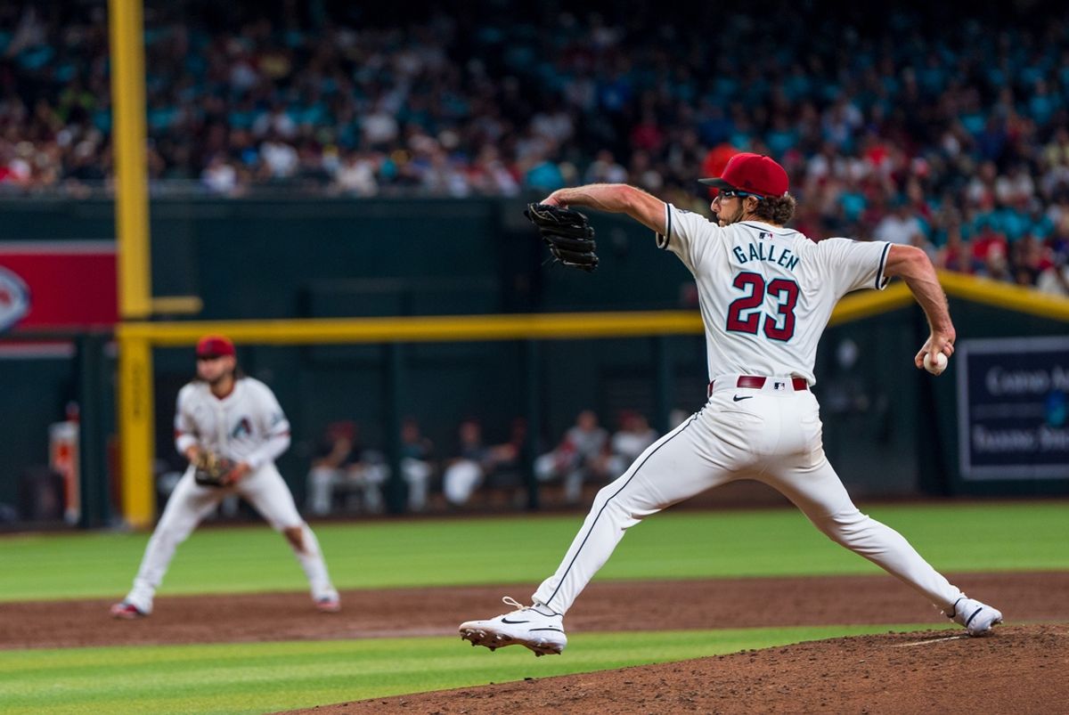 Aug 10, 2024; Phoenix, Arizona, USA; Arizona Diamondbacks pitcher Zac Gallen (23) on the mound in the third inning during a game against the Philadelphia Phillies at Chase Field. Mandatory Credit: Allan Henry-Imagn Images