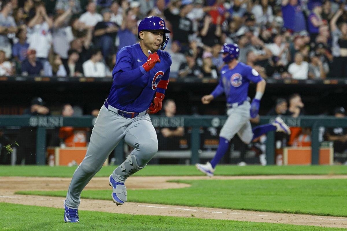 Aug 10, 2024; Chicago, Illinois, USA; Chicago Cubs catcher Miguel Amaya (9) runs after hitting a two-run single against the Chicago White Sox during the eight inning at Guaranteed Rate Field. Mandatory Credit: Kamil Krzaczynski-USA TODAY Sports