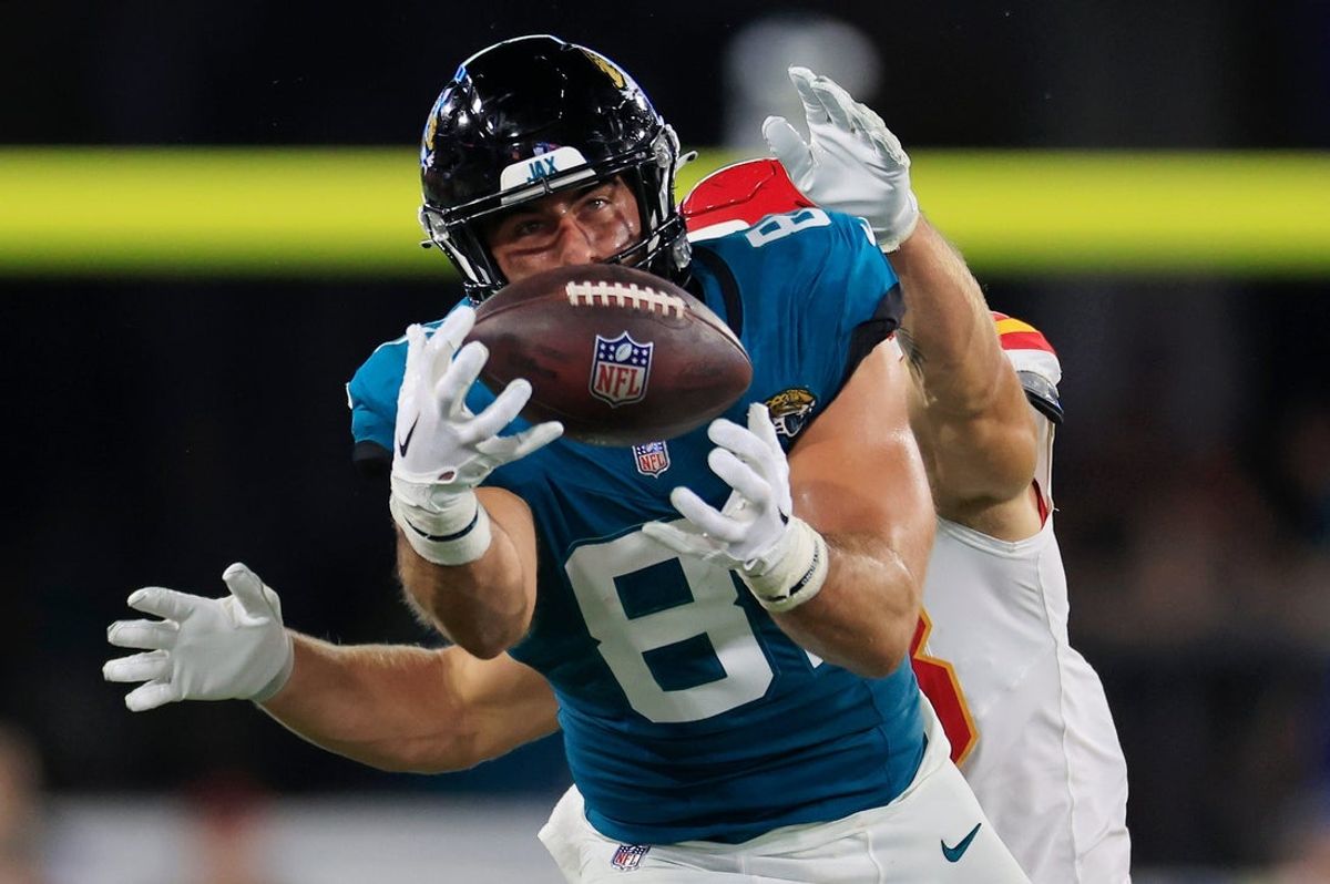 Jacksonville Jaguars tight end Josiah Deguara (81) hauls in a reception against Kansas City Chiefs linebacker Cole Christiansen (48) during the fourth quarter of a preseason NFL football game Saturday, Aug. 10, 2024 at EverBank Stadium in Jacksonville, Fla. The Jacksonville Jaguars defeated the Kansas City Chiefs 26-13. [Corey Perrine/Florida Times-Union]