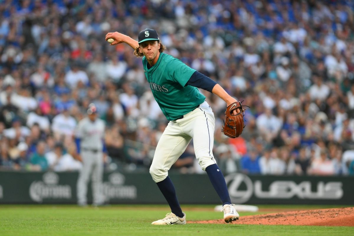 Aug 10, 2024; Seattle, Washington, USA; Seattle Mariners starting pitcher Logan Gilbert (36) throws to first base for a force out against the New York Mets during the fifth inning at T-Mobile Park. Mandatory Credit: Steven Bisig-USA TODAY Sports
