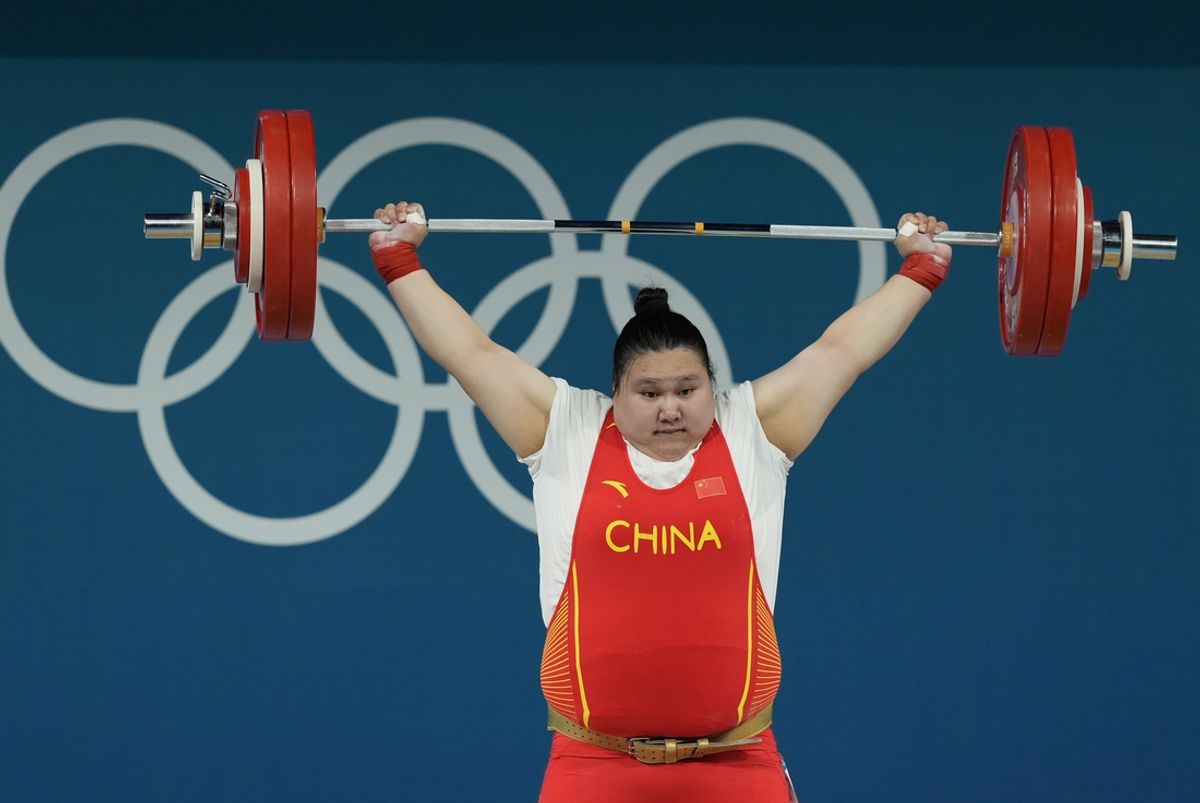 Aug 11, 2024; Paris, France; Wenwen Li (CHN) in the women's weightlifting +81kg final during the Paris 2024 Olympic Summer Games at South Paris Arena 6. Mandatory Credit: John David Mercer-USA TODAY Sports