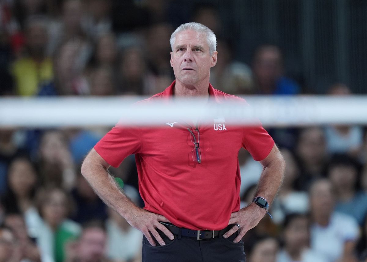 Aug 11, 2024; Paris, France; United States coach Karch Kiraly in action against Italy in the women's volleyball gold medal match during the Paris 2024 Olympic Summer Games at South Paris Arena. Mandatory Credit: Amber Searls-Imagn Images