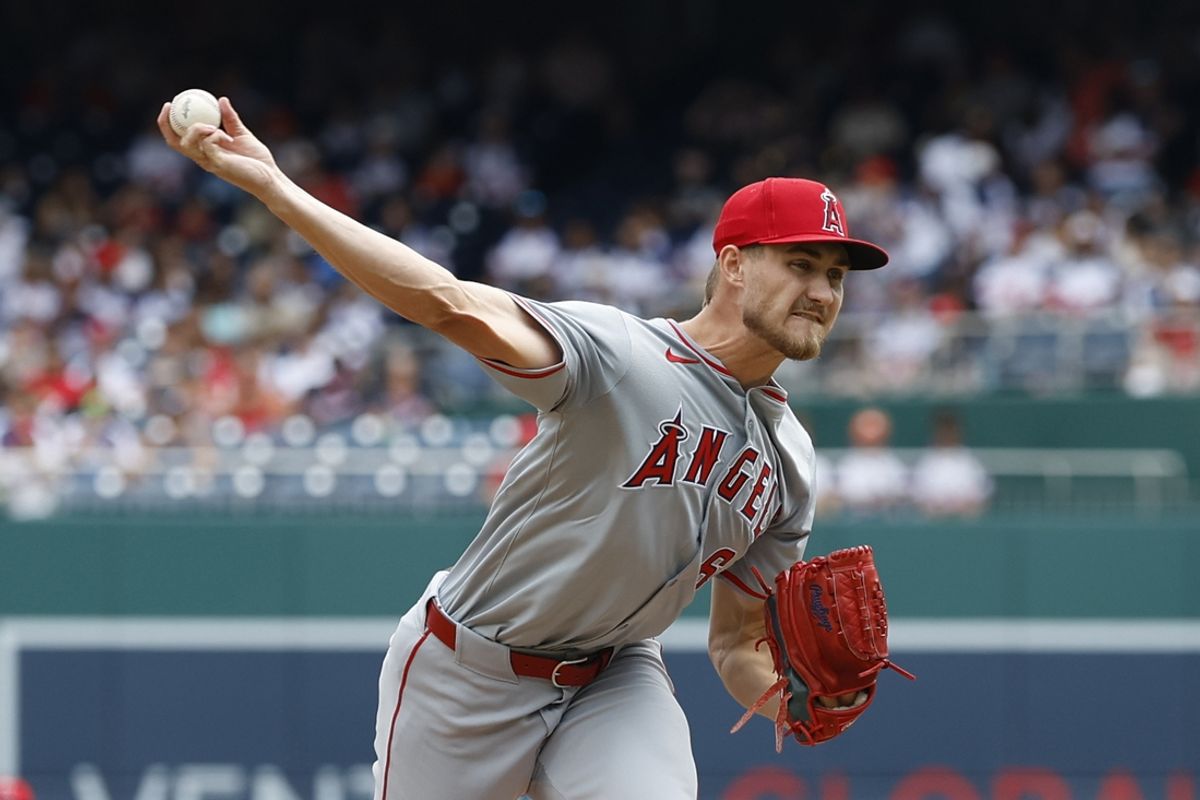Aug 11, 2024; Washington, District of Columbia, USA; Los Angeles Angels starting pitcher Jack Kochanowicz (64) pitches against the Washington Nationals during the first inning at Nationals Park. Mandatory Credit: Geoff Burke-USA TODAY Sports