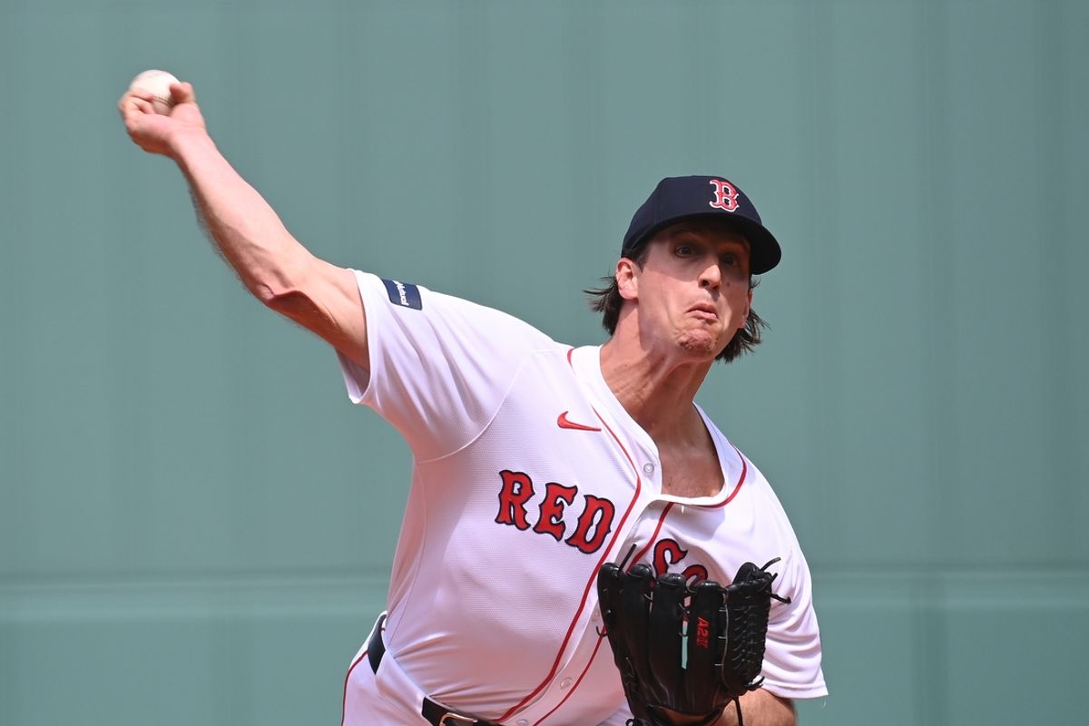 Aug 11, 2024; Boston, Massachusetts, USA; Boston Red Sox pitcher Lucas Sims (39) pitches against the Houston Astros during the first inning at Fenway Park. Mandatory Credit: Eric Canha-Imagn Images
