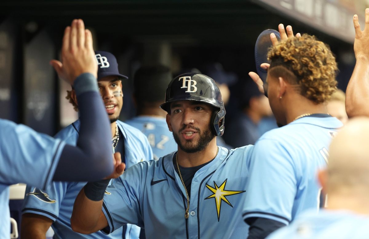 Aug 11, 2024; St. Petersburg, Florida, USA; Tampa Bay Rays shortstop Jose Caballero (7) runs home to score a run against the Baltimore Orioles during the seventh inning at Tropicana Field. Mandatory Credit: Kim Klement Neitzel-USA TODAY Sports