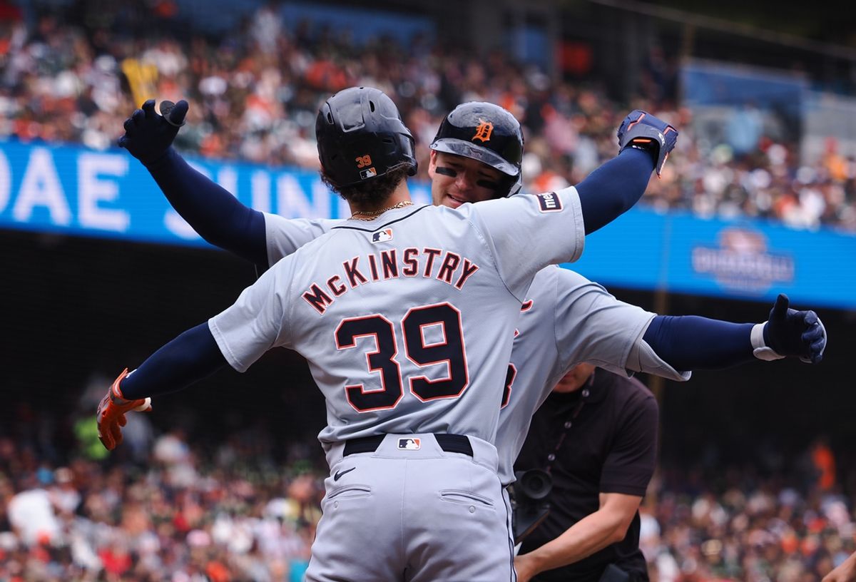 Aug 11, 2024; San Francisco, California, USA; Detroit Tigers shortstop Zach McKinstry (39) celebrates with  catcher Dillon Dingler (38) after Dingler batted in McKinstry on a two-run home run against the San Francisco Giants during the second inning at Oracle Park. Mandatory Credit: Kelley L Cox-USA TODAY Sports
