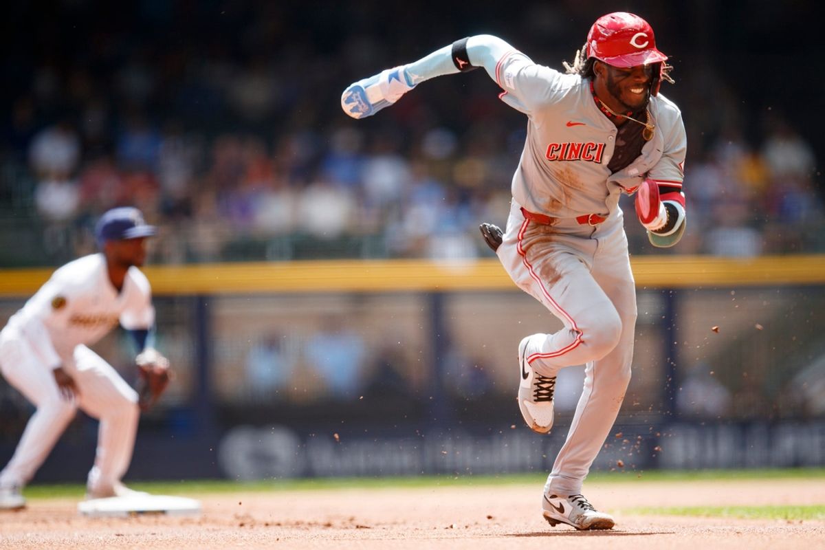 Cincinnati Reds Shortstop Elly De La Cruz (44) runs to third base during a game between the Milwaukee Brewers and Cincinnati Reds at American Family Field in Milwaukee, Wisconsin on Sunday, Aug. 11, 2024. - Max Correa / Milwaukee Journal Sentinel