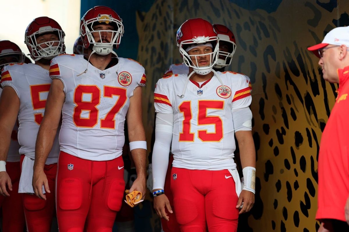 Kansas City Chiefs quarterback Patrick Mahomes (15) looks on next to tight end Travis Kelce (87) in Jacksonville, Fla., during the 2024 preseason. [Corey Perrine/Florida Times-Union]
