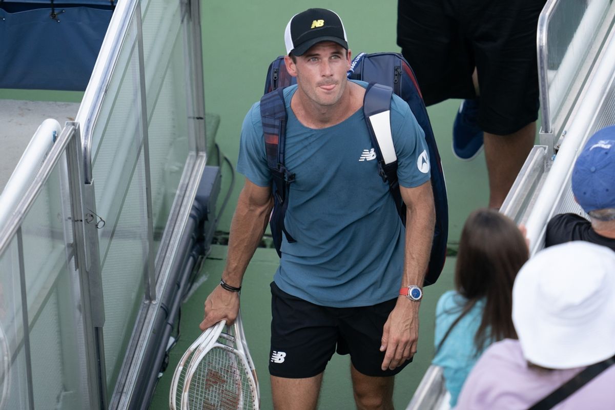 Aug 12, 2024; Cincinnati, OH, USA; Tommy Paul of the United States leaves the court after his match against Flavio Cobolli of Italy on day one of the Cincinnati Open. Mandatory Credit: Susan Mullane-Imagn Images