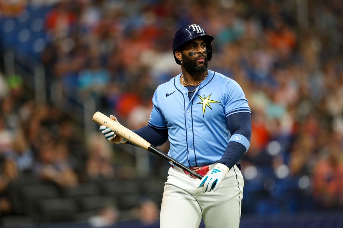 Aug 12, 2024; St. Petersburg, Florida, USA; Tampa Bay Rays first baseman Yandy Diaz (2) reacts after striking out against the Houston Astros in the first inning at Tropicana Field. Mandatory Credit: Nathan Ray Seebeck-USA TODAY Sports