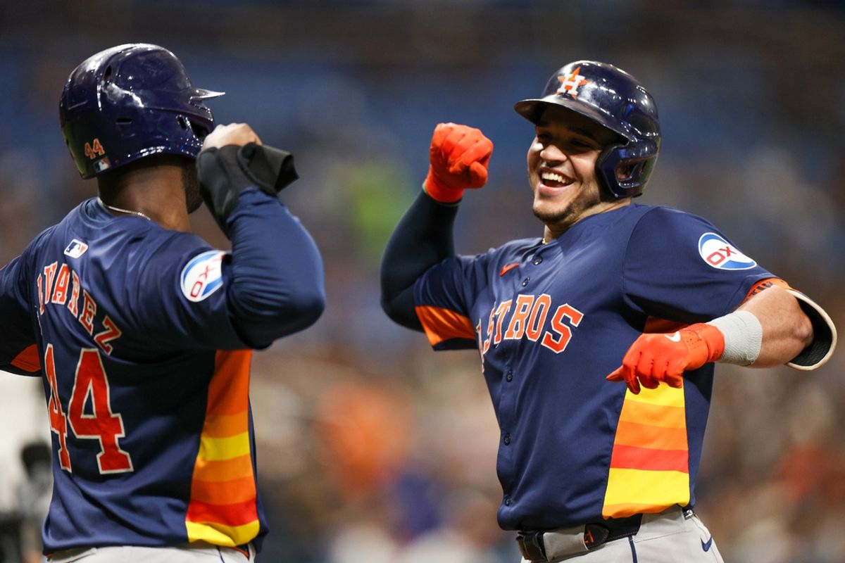 Houston Astros catcher Yainer Diaz (21) celebrates with designated hitter Yordan Alvarez (44) after hitting a three run home run against the Tampa Bay Rays in the third inning at Tropicana Field. Mandatory Credit: Nathan Ray Seebeck-USA TODAY Sports