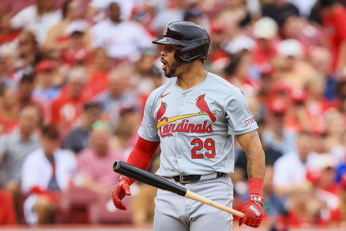 Aug 12, 2024; Cincinnati, Ohio, USA; St. Louis Cardinals outfielder Tommy Pham (29) reacts after striking out in the first inning against the Cincinnati Reds at Great American Ball Park. Mandatory Credit: Katie Stratman-USA TODAY Sports