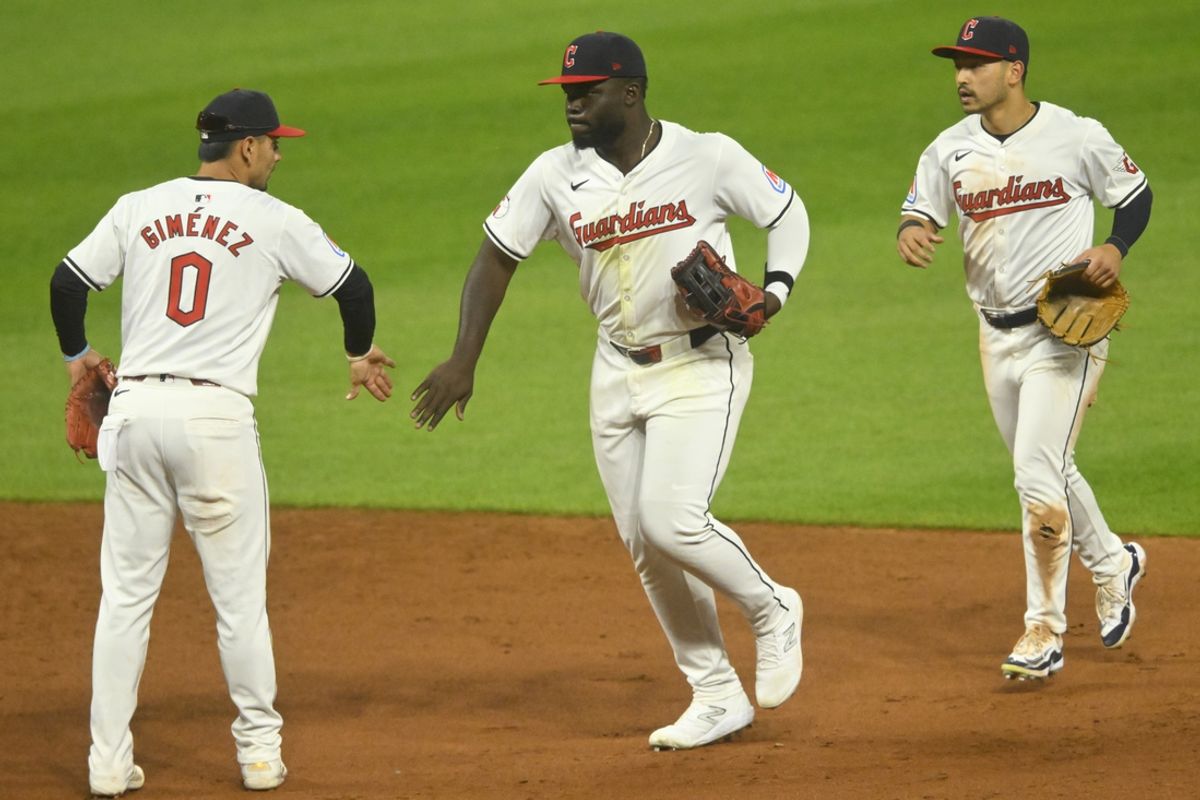 Aug 12, 2024; Cleveland, Ohio, USA; The Cleveland Guardians celebrate a win over the Chicago Cubs at Progressive Field. Mandatory Credit: David Richard-USA TODAY Sports