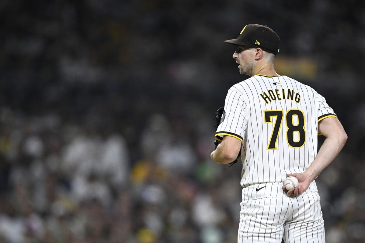 Aug 12, 2024; San Diego, California, USA; San Diego Padres relief pitcher Bryan Hoeing (78) prepares to [pitch against the Pittsburgh Pirates during the sixth inning at Petco Park. Mandatory Credit: Orlando Ramirez-USA TODAY Sports