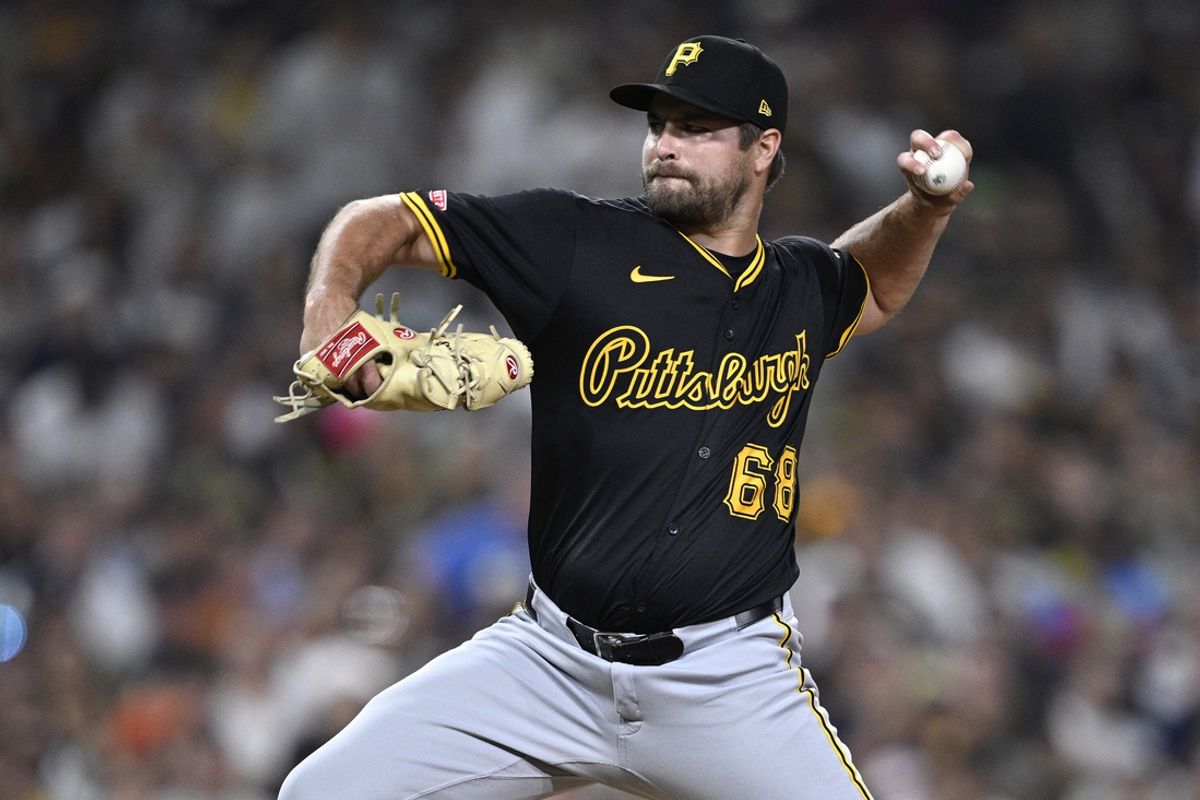 Aug 12, 2024; San Diego, California, USA; Pittsburgh Pirates relief pitcher Jalen Beeks (68) pitches against the San Diego Padres during the ninth inning at Petco Park. Mandatory Credit: Orlando Ramirez-Imagn Images