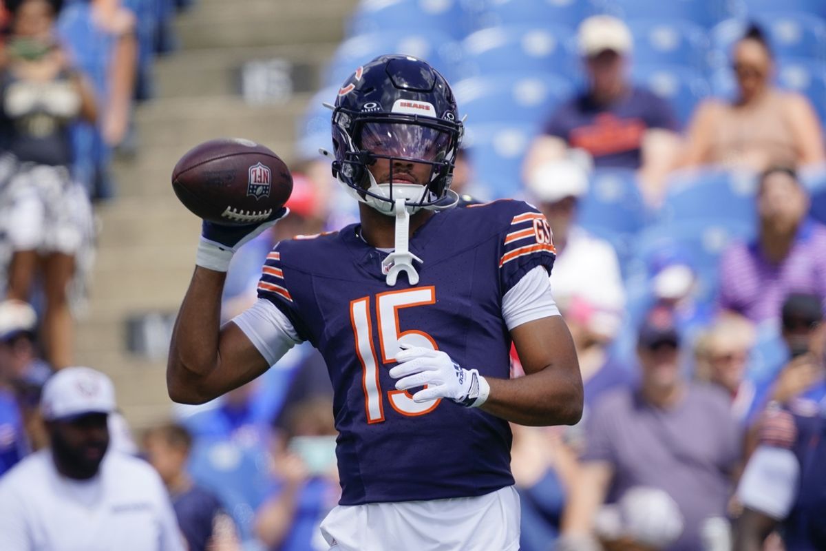 Aug 10, 2024; Orchard Park, New York, USA; Chicago Bears wide receiver Rome Odunze (15) warms up prior to the game against the Chicago Bears at Highmark Stadium. Mandatory Credit: Gregory Fisher-Imagn Images