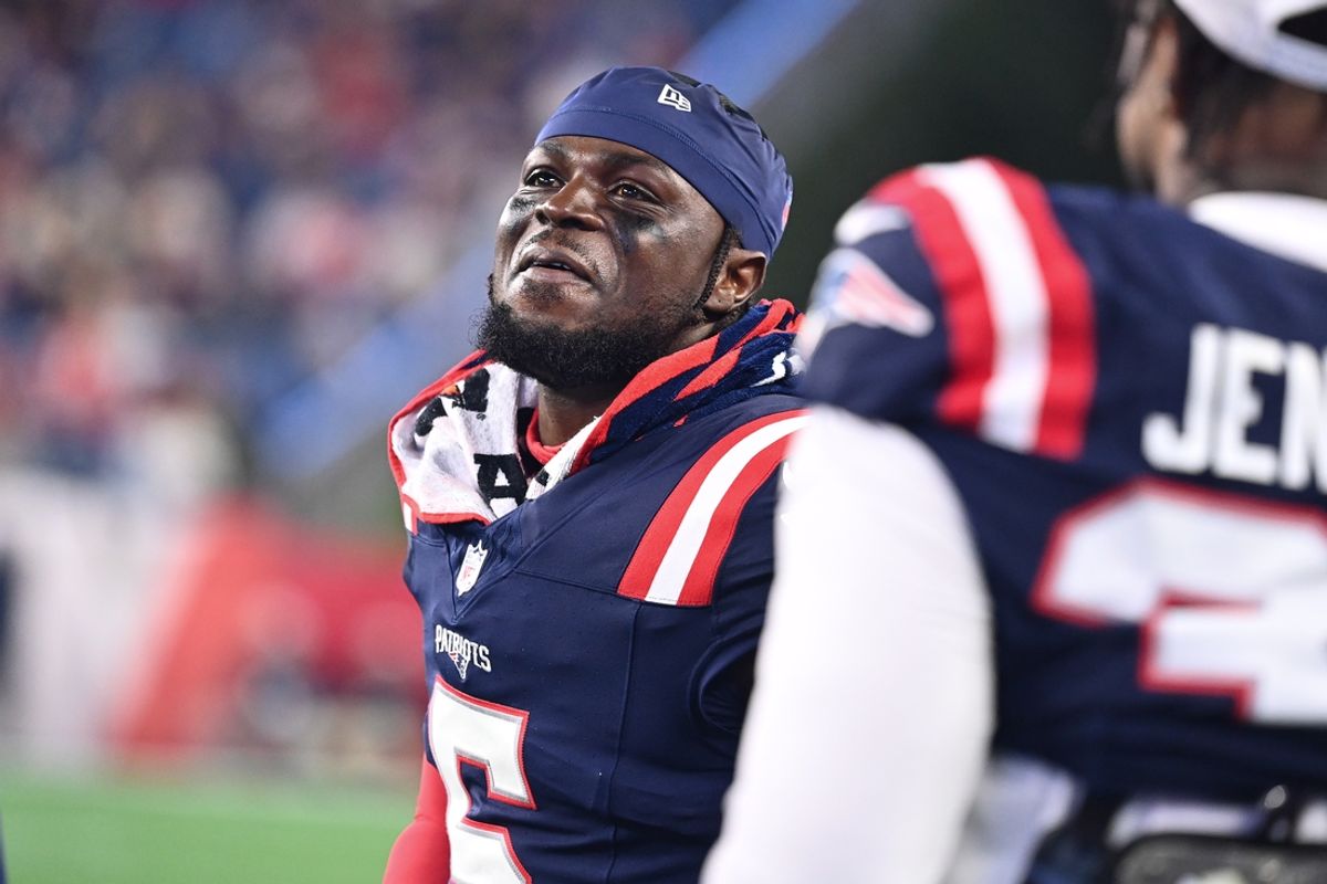 August 8, 2024; Foxborough, MA, USA;  New England Patriots safety Jabrill Peppers (5) watches from the sideline during the second half against the Carolina Panthers at Gillette Stadium. Mandatory Credit: Eric Canha-Imagn Images