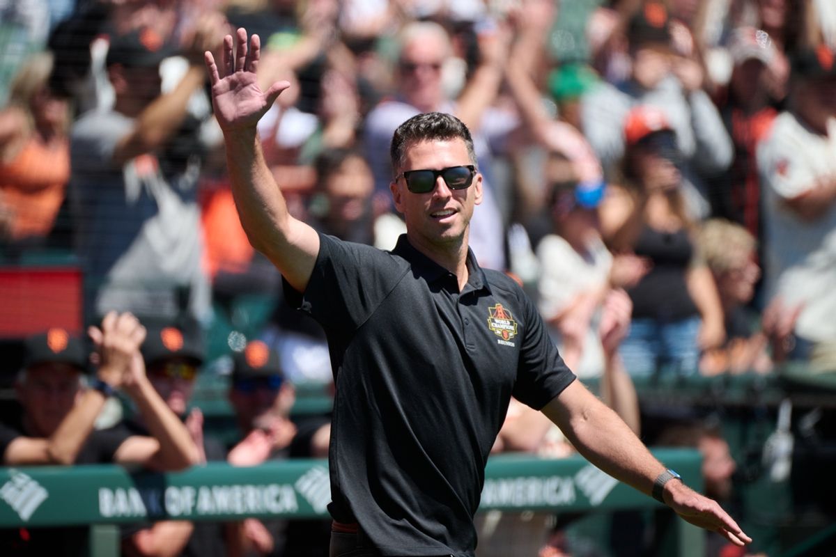 Aug 10, 2024; San Francisco, California, USA; Former San Francisco Giants catcher Buster Posey acknowledges the crowd before a ceremony celebrating the tenth anniversary of the Giants' 2014 World Series championship at Oracle Park. Mandatory Credit: Robert Edwards-Imagn Images