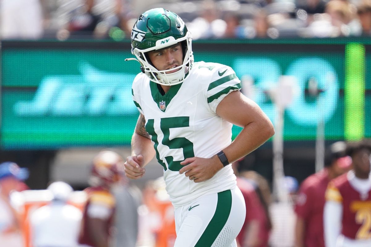 Aug 10, 2024; East Rutherford, New Jersey, USA; New York Jets kicker Austin Seibert (15) jogs to the sideline during the second half against the Washington Commanders at MetLife Stadium. Mandatory Credit: Lucas Boland-Imagn Images