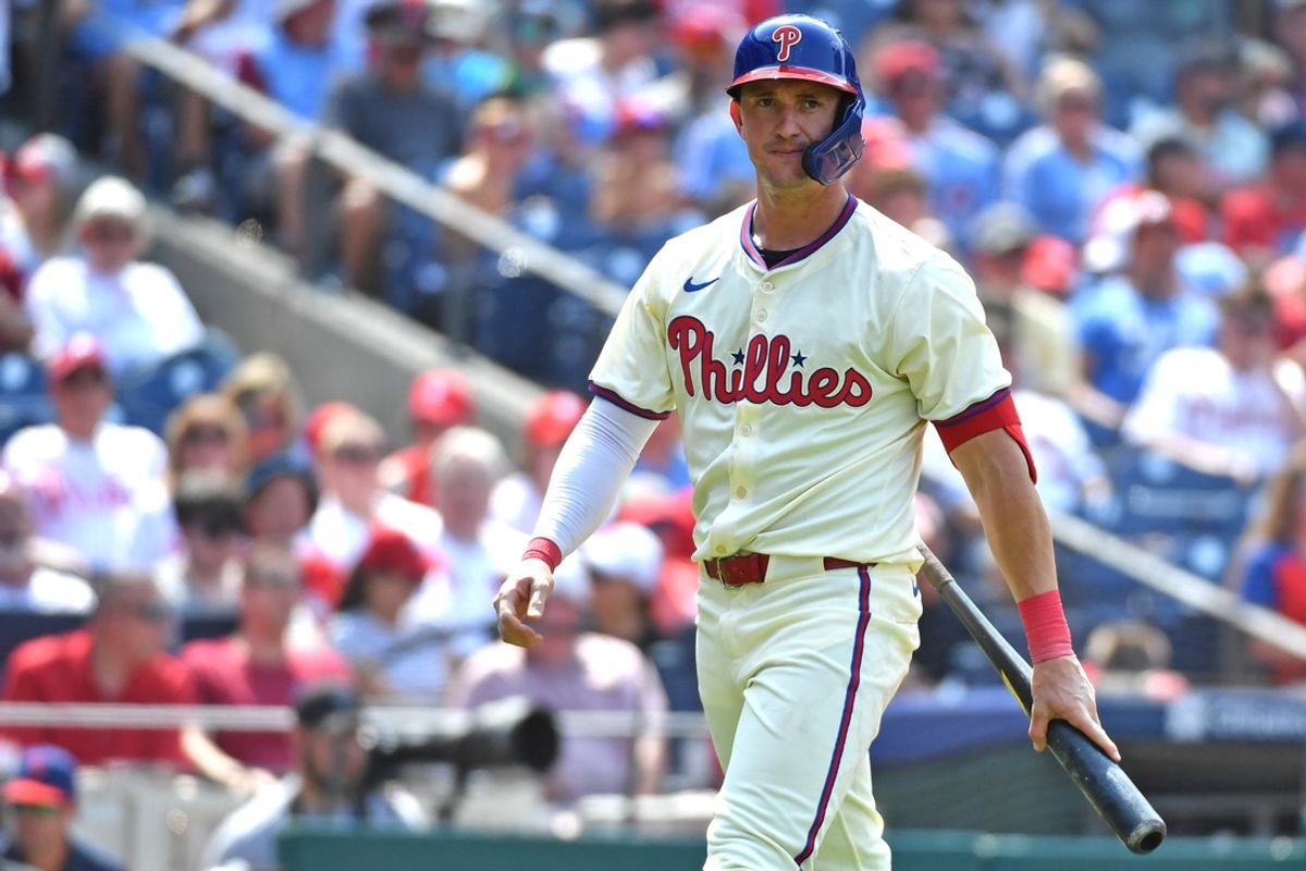 Jul 29, 2024; Philadelphia, Pennsylvania, USA; Philadelphia Phillies outfielder Austin Hays (9) against the Cleveland Guardians at Citizens Bank Park. Mandatory Credit: Eric Hartline-USA TODAY Sports