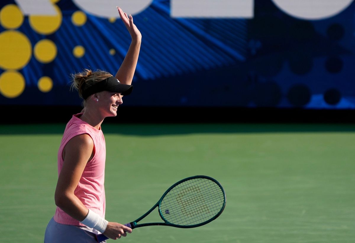 Ashlyn Krueger of the U.S.A. smiles after beating Donna Vekic of Croatia during the women's singles round 1 of the Cincinnati Open at the Lindner Family Tennis Center in Mason Tuesday, August 13, 2024. Kreuger won after three hours and 1 minute 5-7, 7-6 (4), 2-6.