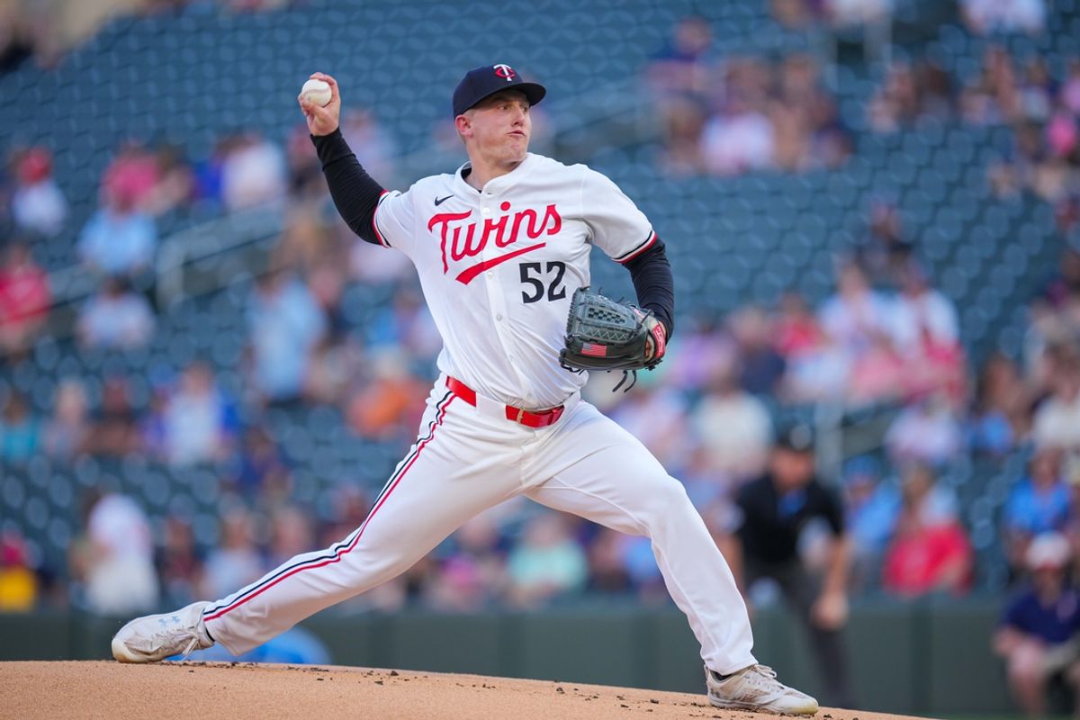 Aug 13, 2024; Minneapolis, Minnesota, USA; Minnesota Twins pitcher Zebby Matthews (52) pitches against the Kansas City Royals in the first inning at Target Field. Mandatory Credit: Brad Rempel-USA TODAY Sports