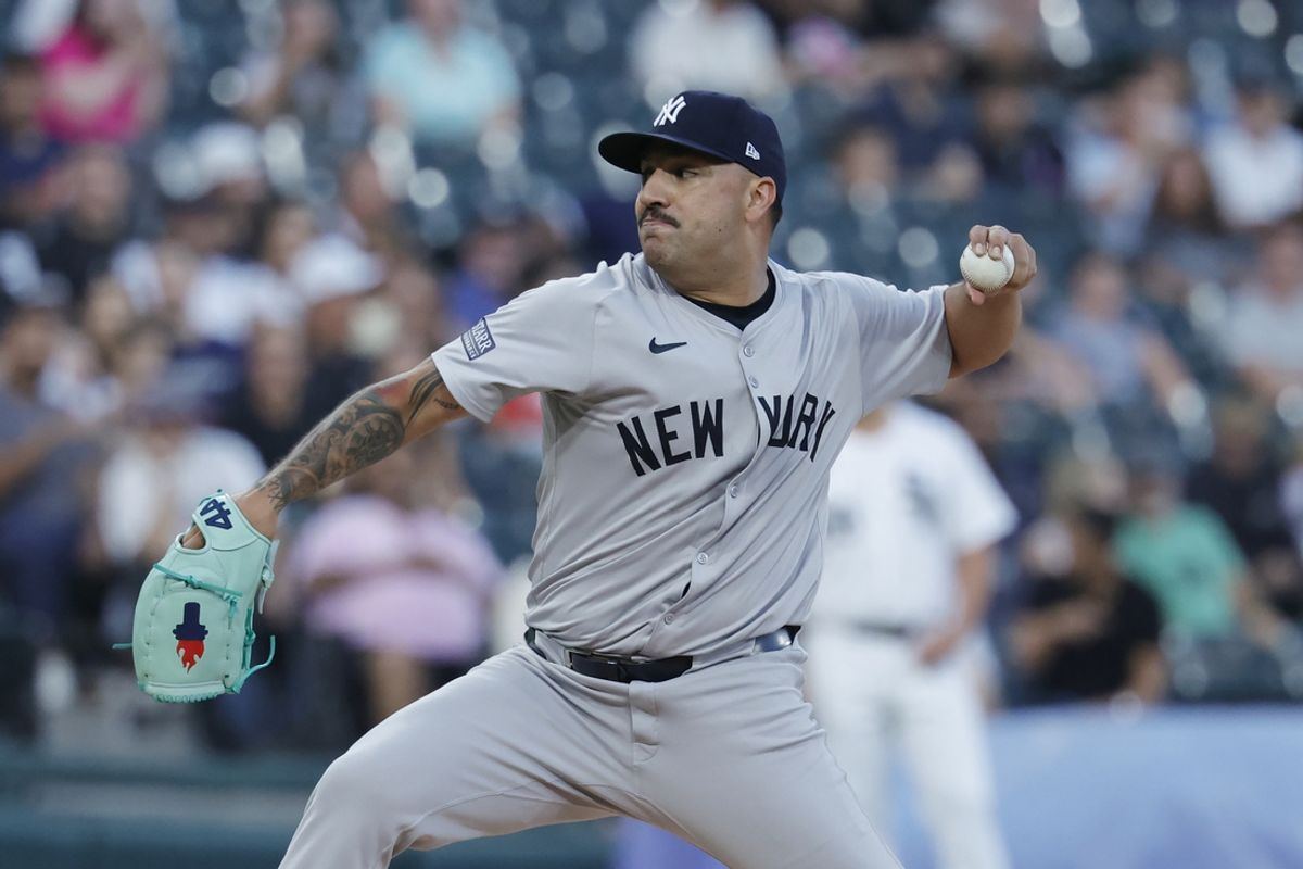 Aug 13, 2024; Chicago, Illinois, USA; New York Yankees starting pitcher Nestor Cortes (65) delivers a pitch against the Chicago White Sox during the first inning at Guaranteed Rate Field. Mandatory Credit: Kamil Krzaczynski-Imagn Images