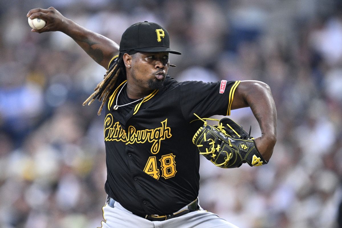Aug 13, 2024; San Diego, California, USA; Pittsburgh Pirates starting pitcher Luis Ortiz (48) pitches against the San Diego Padres during the second inning at Petco Park. Mandatory Credit: Orlando Ramirez-USA TODAY Sports