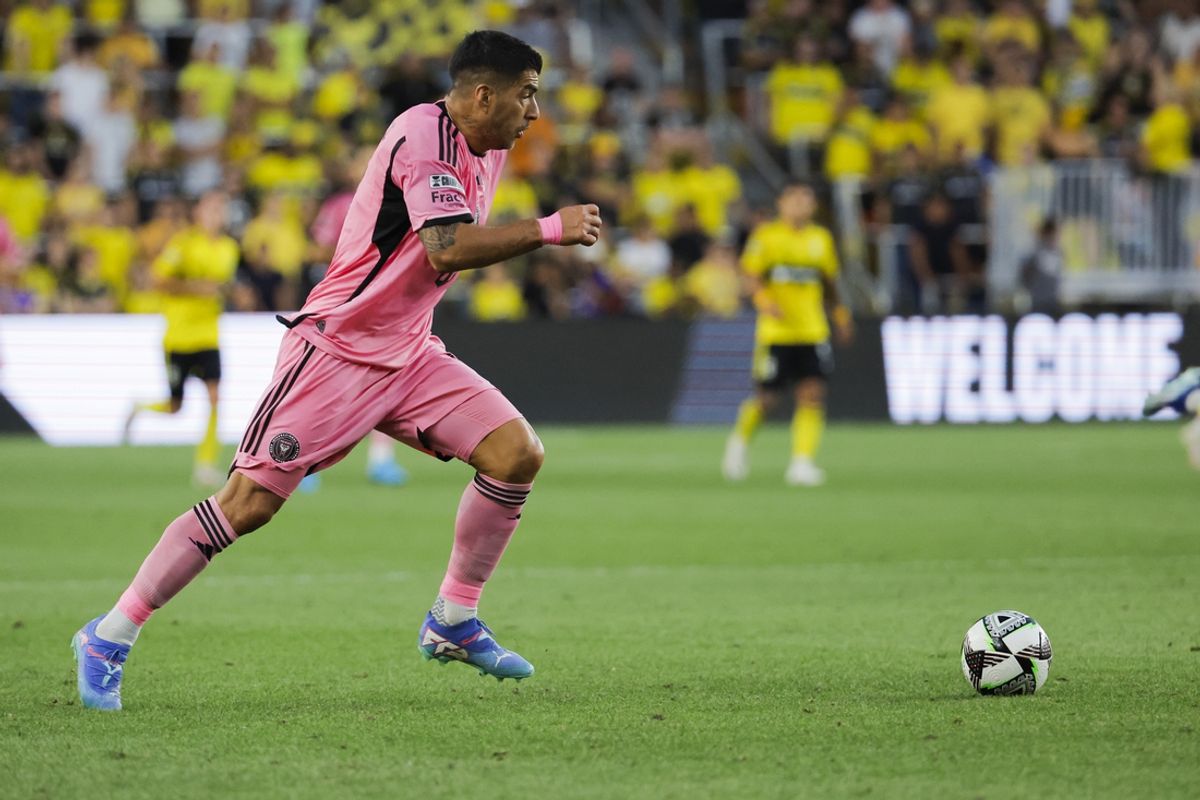 Aug 13, 2024; Columbus, Ohio, USA;  Inter Miami forward Luis Suarez (9) dribbles first half against the Columbus Crew at Lower.com. Mandatory Credit: Rick Osentoski-USA TODAY Sports