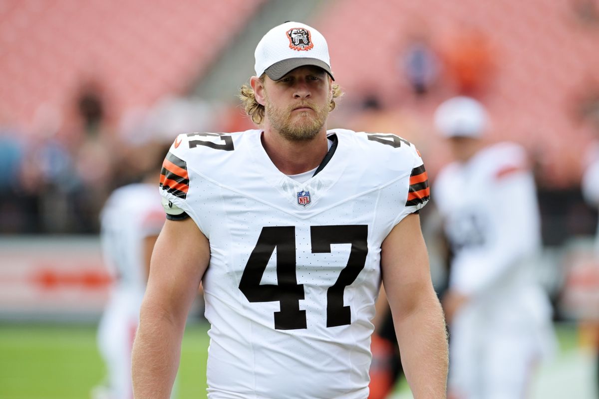 Aug 10, 2024; Cleveland, Ohio, USA; Cleveland Browns long snapper Charley Hughlett (47) before the game against the Green Bay Packers at Cleveland Browns Stadium. Mandatory Credit: Ken Blaze-Imagn Images