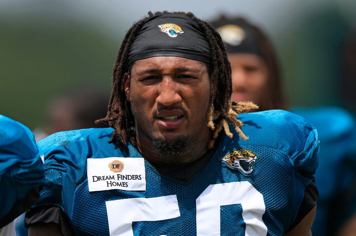 Jacksonville Jaguars defensive end Trevis Gipson (50) walks off the field during a combined NFL football training camp session between the Tampa Bay Buccaneers and Jacksonville Jaguars Wednesday, Aug. 14, 2024 at EverBank Stadium’s Miller Electric Center in Jacksonville, Fla. [Corey Perrine/Florida Times-Union]
