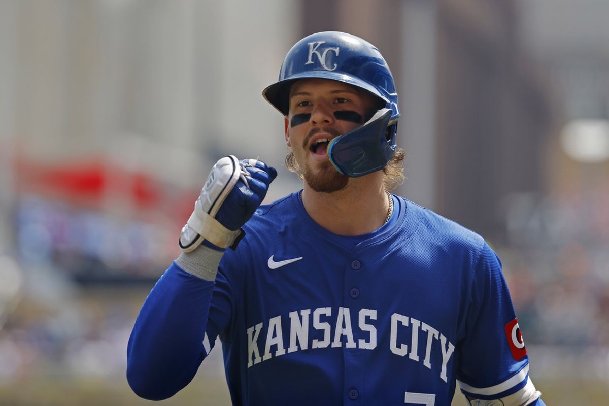 Aug 14, 2024; Minneapolis, Minnesota, USA; Kansas City Royals shortstop Bobby Witt (7) celebrates after hitting a solo home run against the Minnesota Twins in the third inning at Target Field. Mandatory Credit: Bruce Kluckhohn-USA TODAY Sports