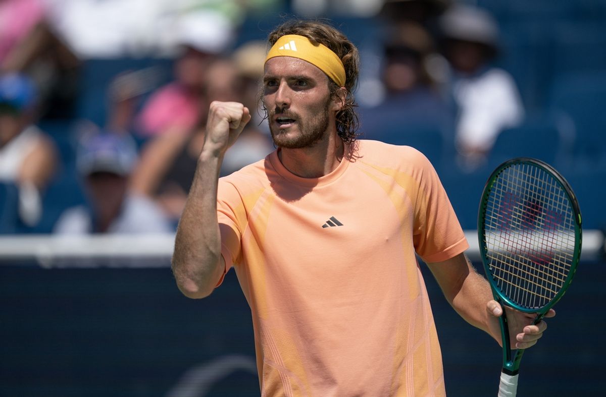 Aug 14, 2024; Cincinnati, OH, USA; Stefanos Tsitsipas of Greece reacts during a match against Jan-Lennard Struff of Germany on day three of the Cincinnati Open. Mandatory Credit: Susan Mullane-USA TODAY Sports