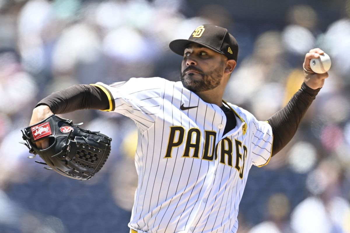 August 14, 2024; San Diego, California, USA;  San Diego Padres pitcher Martin Perez (54) throws against the Pittsburgh Pirates during the first inning at Petco Park. Mandatory Credit: Denis Poroy-USA TODAY Sports
