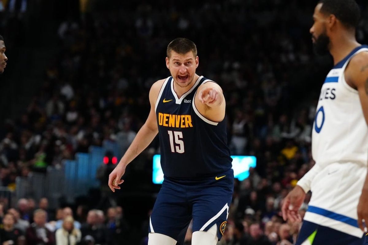 Apr 10, 2024; Denver, Colorado, USA; Denver Nuggets center Nikola Jokic (15) calls out in the second half against the Minnesota Timberwolves at Ball Arena.