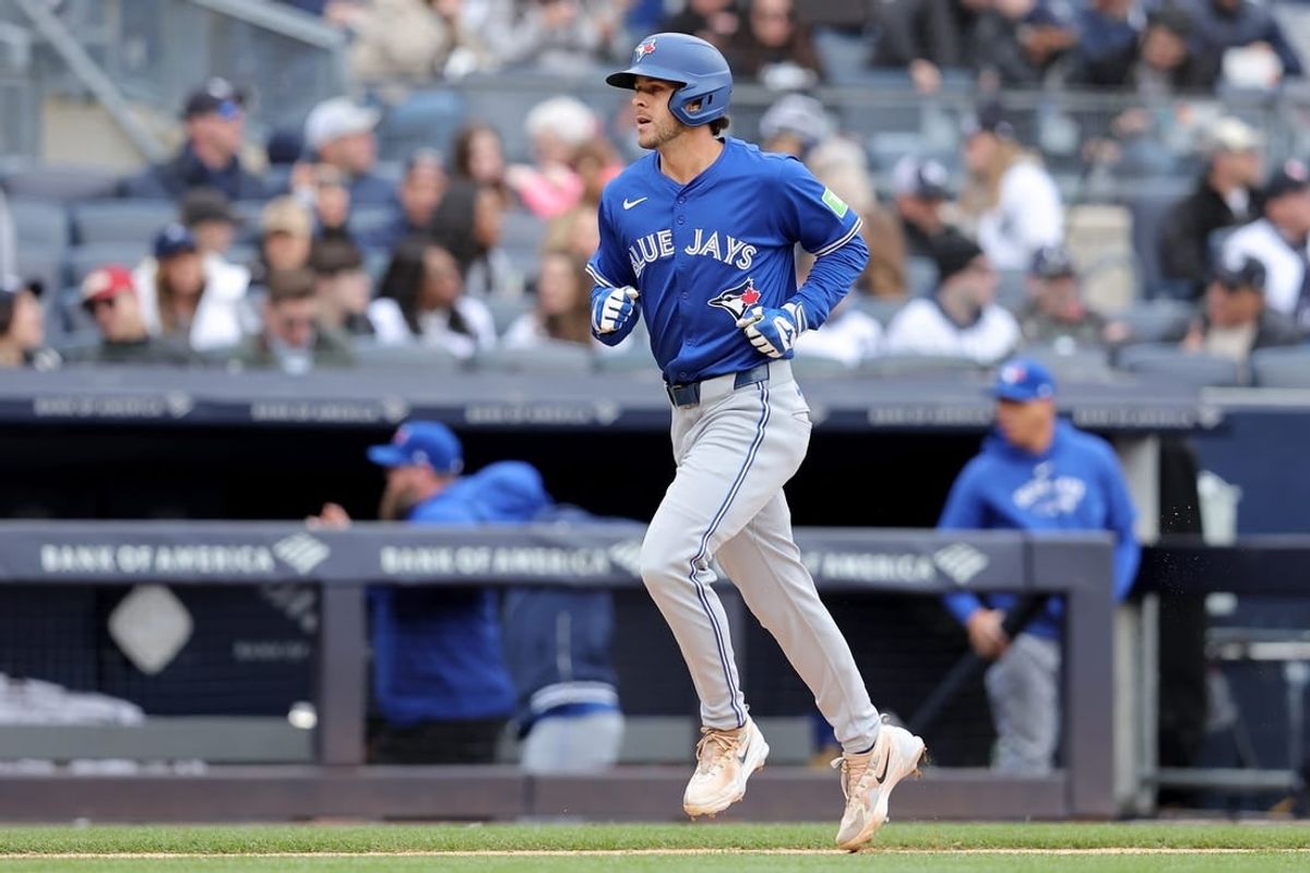 Apr 5, 2024; Bronx, New York, USA; Toronto Blue Jays shortstop Ernie Clement (28) rounds the bases after hitting a solo home run against the New York Yankees during the seventh inning at Yankee Stadium.
