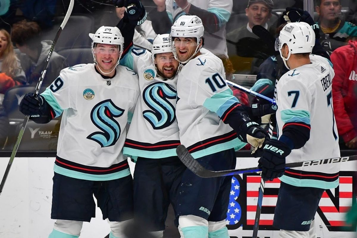 Dec 23, 2023; Anaheim, California, USA; Seattle Kraken left wing Tomas Tatar (90) celebrates his goal scored against the Anaheim Ducks during the third period at Honda Center.